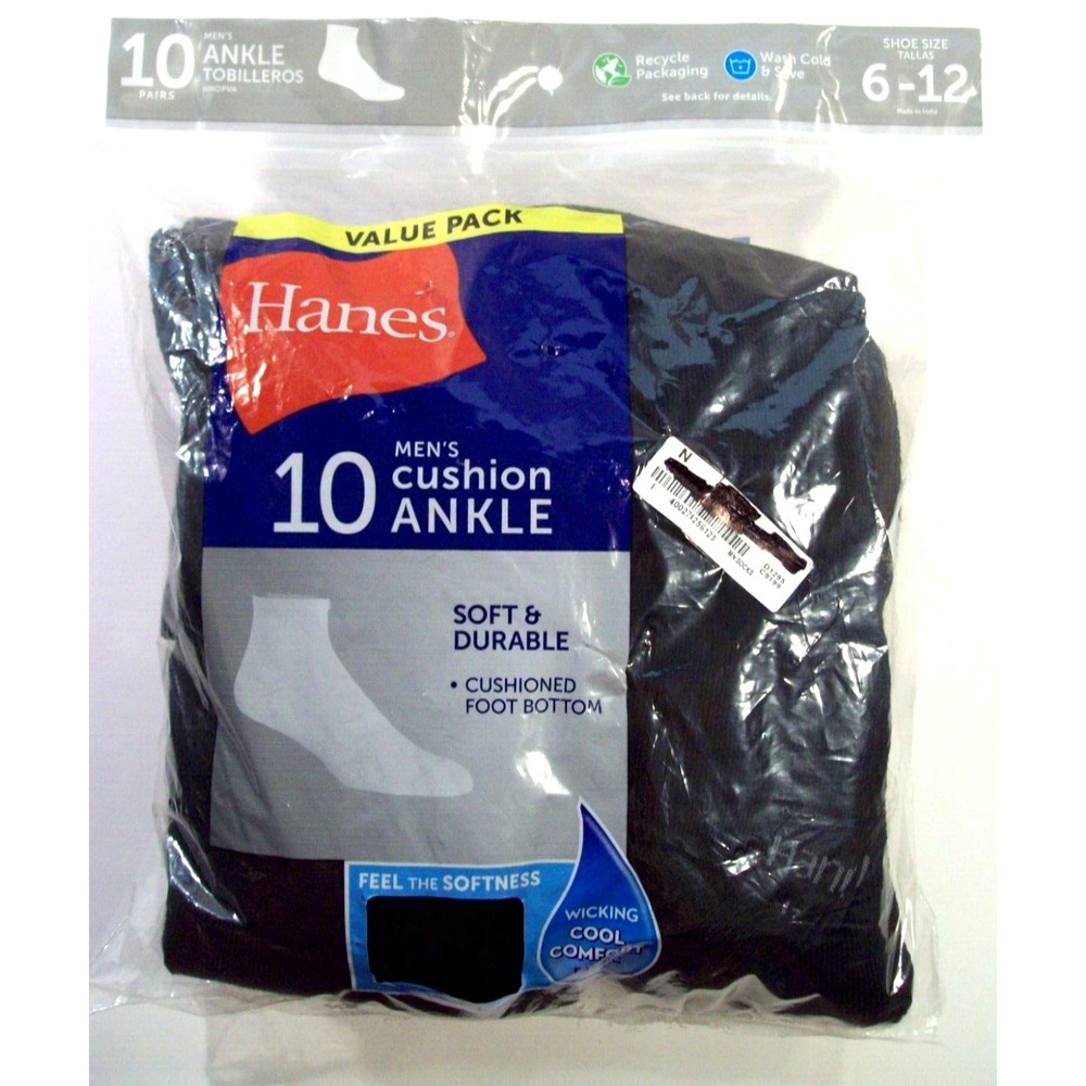 New Men's Hanes 10 Pack Cushion Ankle Socks, Black, 6-12